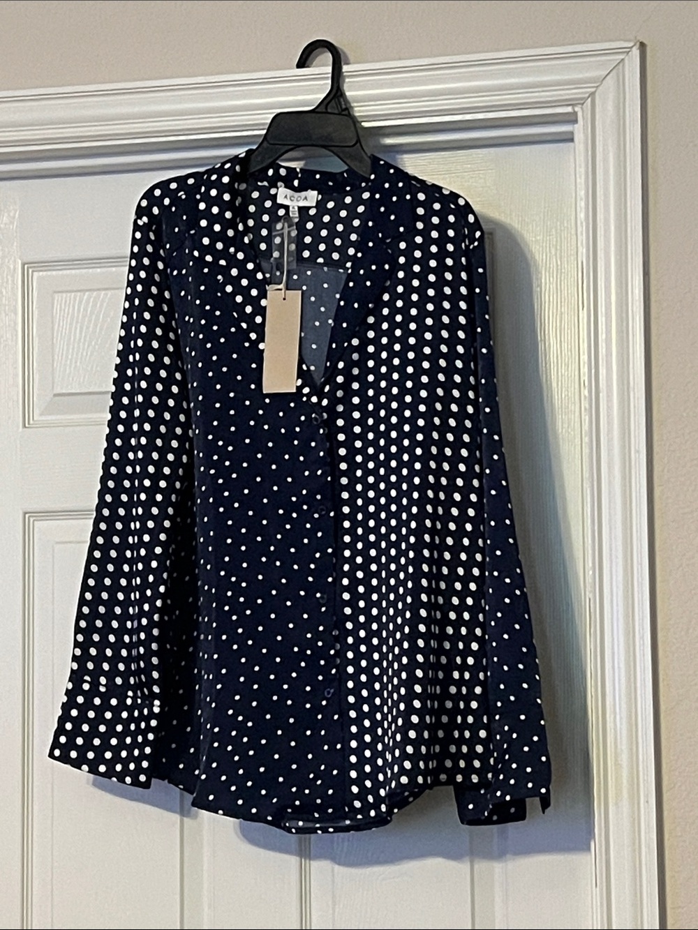 Navy and White Polka Dot Button-Down Blouse